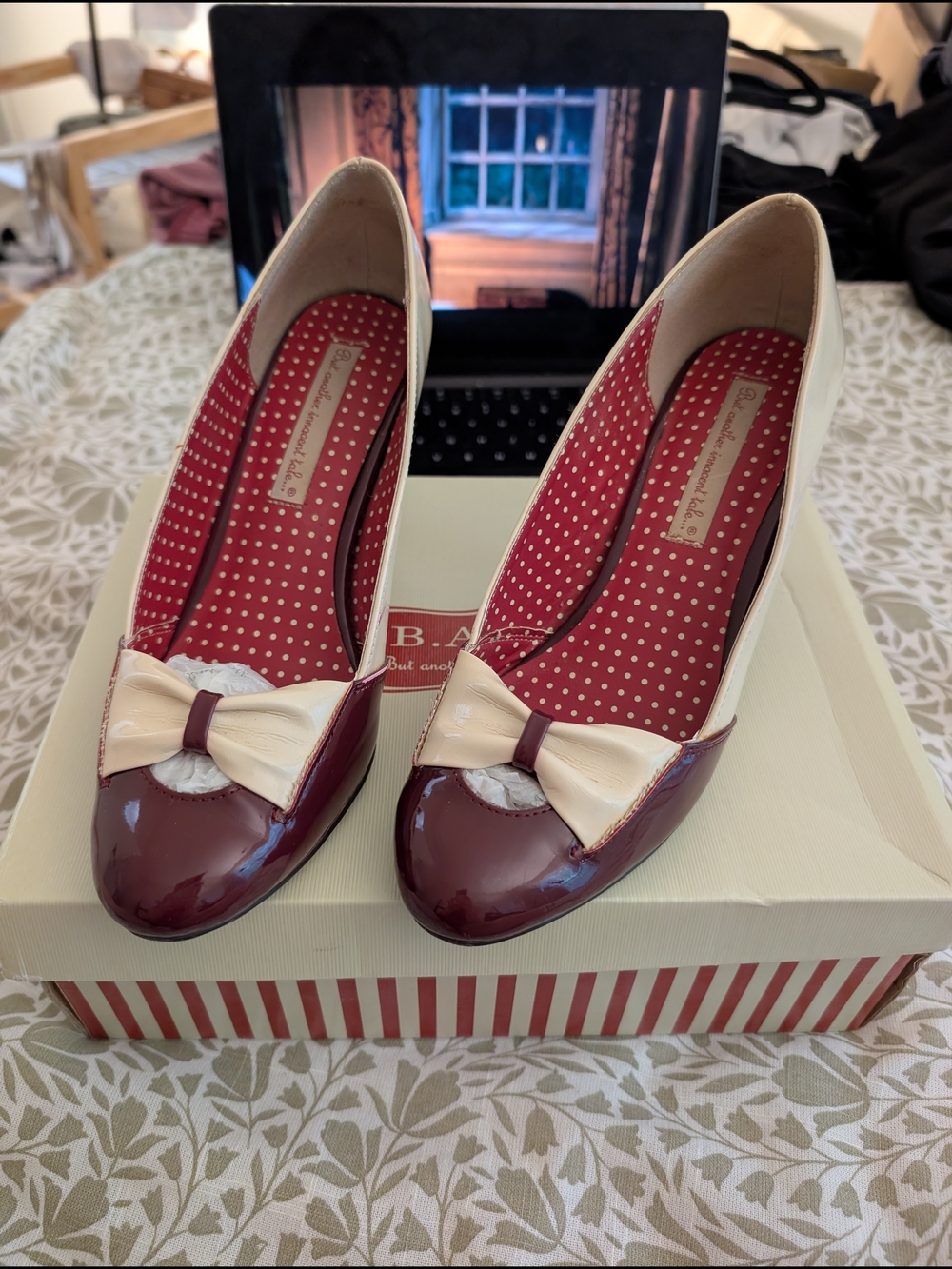 Patent Burgundy and Cream Bow Pumps - Women